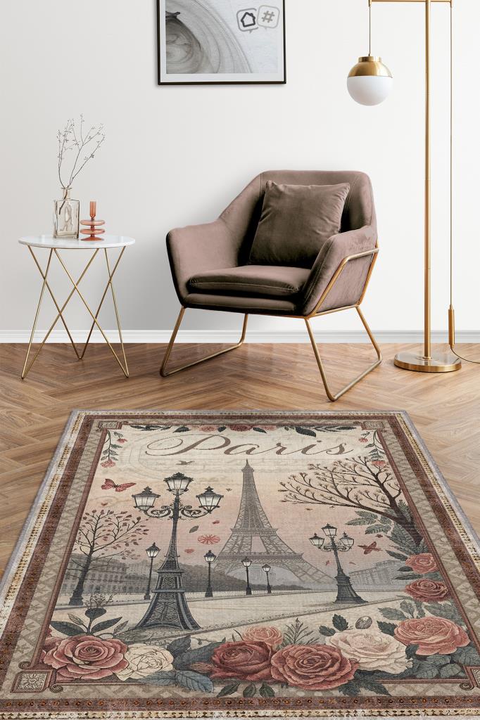 Homshtag Şehirlerde Paris Temalı Dijital Baskılı Yıkanabilir Pamuk Tabanlı Paris Şehiri Temalı Halı