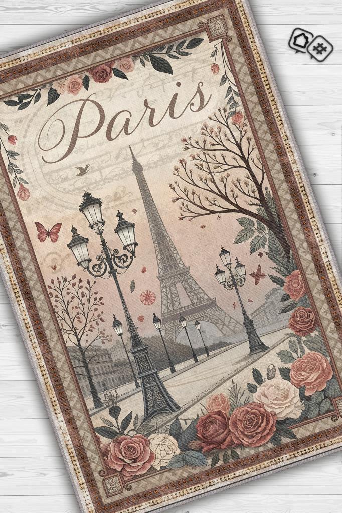 Homshtag Şehirlerde Paris Temalı Dijital Baskılı Yıkanabilir Pamuk Tabanlı Paris Şehiri Temalı Halı