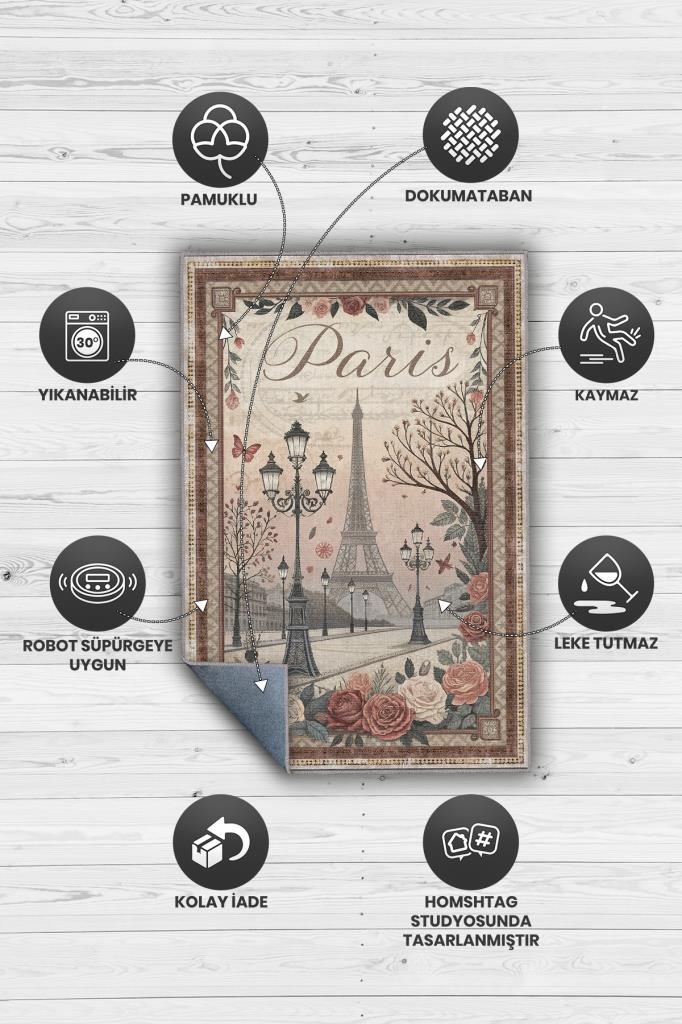 Homshtag Şehirlerde Paris Temalı Dijital Baskılı Yıkanabilir Pamuk Tabanlı Paris Şehiri Temalı Halı