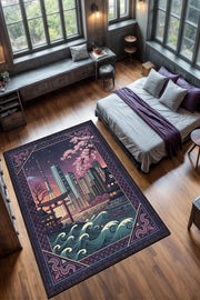 Homshtag Şehirlerde Tokyo Temalı Dijital Baskılı Yıkanabilir Pamuk Tabanlı Tokyo Şehiri Temalı Halı