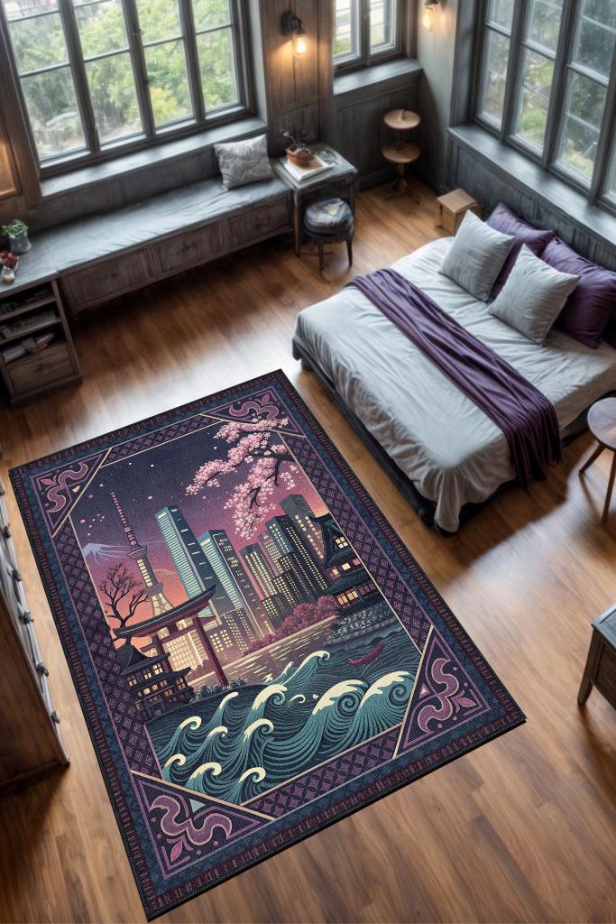 Homshtag Şehirlerde Tokyo Temalı Dijital Baskılı Yıkanabilir Pamuk Tabanlı Tokyo Şehiri Temalı Halı