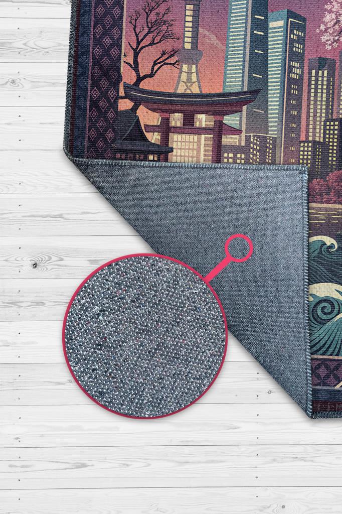 Homshtag Şehirlerde Tokyo Temalı Dijital Baskılı Yıkanabilir Pamuk Tabanlı Tokyo Şehiri Temalı Halı