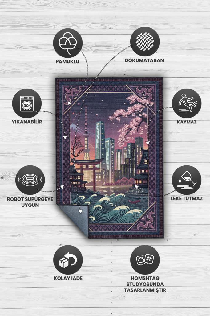 Homshtag Şehirlerde Tokyo Temalı Dijital Baskılı Yıkanabilir Pamuk Tabanlı Tokyo Şehiri Temalı Halı