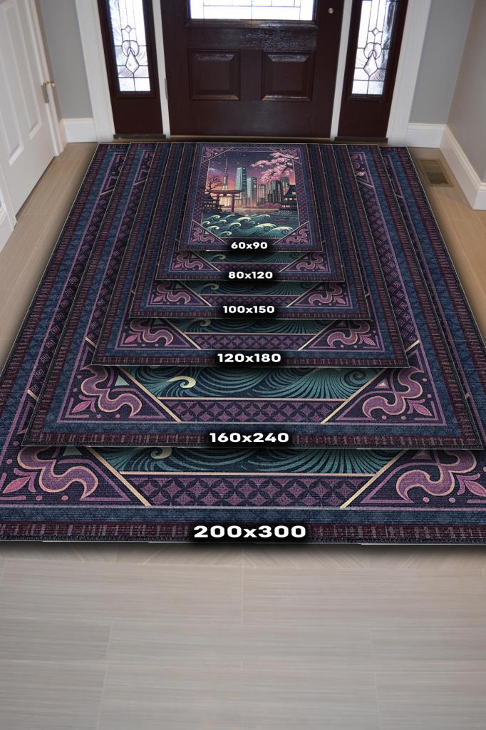 Homshtag Şehirlerde Tokyo Temalı Dijital Baskılı Yıkanabilir Pamuk Tabanlı Tokyo Şehiri Temalı Halı