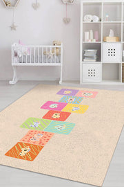 Homshtag Seksek Bej Renkli Dokulu Çocuk Odası Halısı Dokuma Rustik Çocuk Halısı Sek sek Temalı Halı