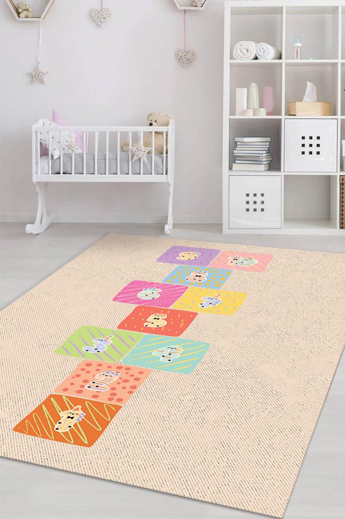 Homshtag Seksek Bej Renkli Dokulu Çocuk Odası Halısı Dokuma Rustik Çocuk Halısı Sek sek Temalı Halı