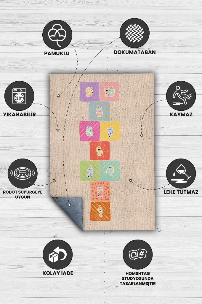 Homshtag Seksek Bej Renkli Dokulu Çocuk Odası Halısı Dokuma Rustik Çocuk Halısı Sek sek Temalı Halı