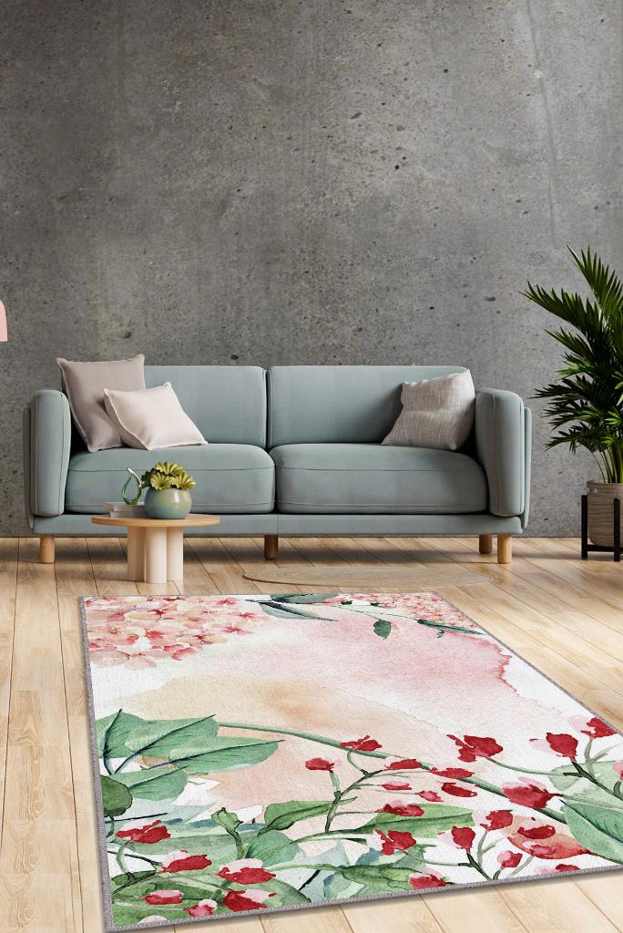 Homshtag Sen ve Ben Pembe Renkli Halı Çiçek Desenli Salon Halısı Çok Renkli Mutfak Halısı