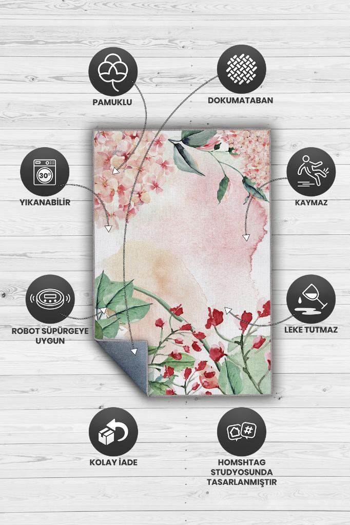 Homshtag Sen ve Ben Pembe Renkli Halı Çiçek Desenli Salon Halısı Çok Renkli Mutfak Halısı