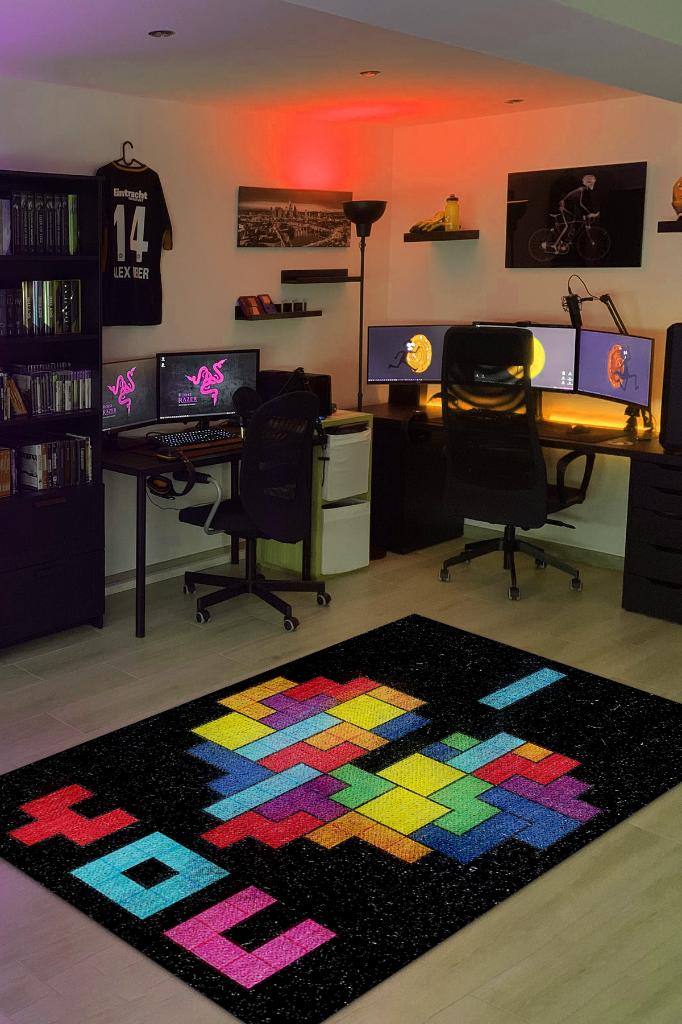 Homshtag Seni Seviyorum Çok Renkli Oyuncu Halısı Zemini Siyah Renk Gamer Temalı Halı Tetris Halısı