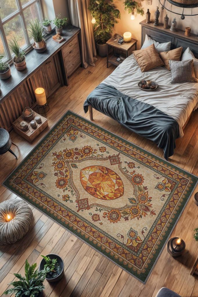 Homshtag Sitrin Taşı Halısı Turuncu Renkli Enerji Taşı Figürlü Halı Spiritüel Temalı Modern Halı