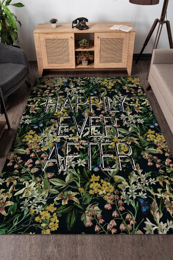 Homshtag Sonsuza Dek Mutlu Çiçek Desenli Siyah Renkli Halı Art Çiçek Temalı Figürlü Salon Halısı