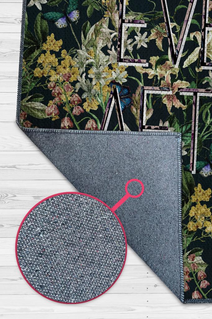 Homshtag Sonsuza Dek Mutlu Çiçek Desenli Siyah Renkli Halı Art Çiçek Temalı Figürlü Salon Halısı