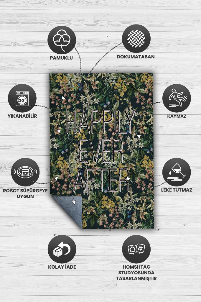 Homshtag Sonsuza Dek Mutlu Çiçek Desenli Siyah Renkli Halı Art Çiçek Temalı Figürlü Salon Halısı