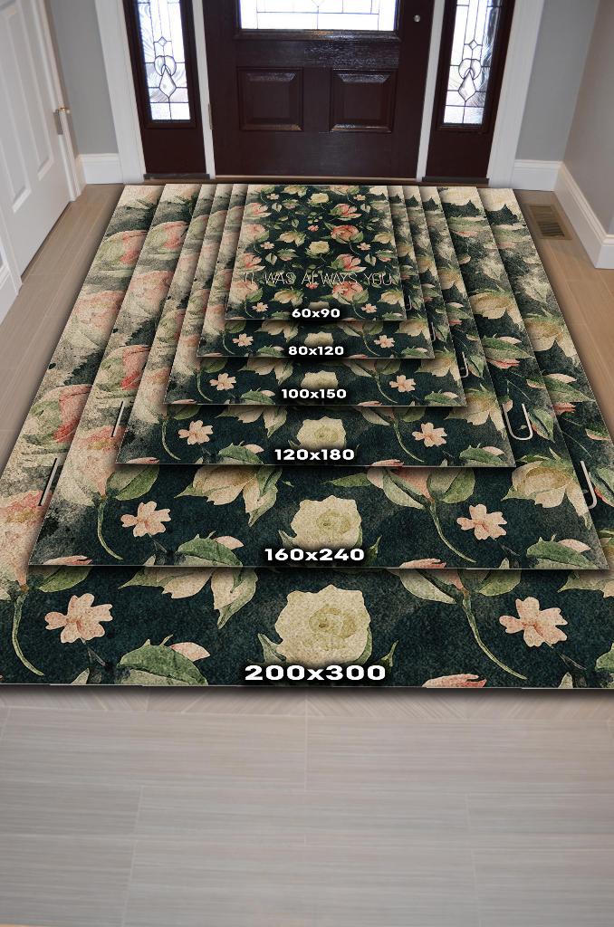 Homshtag Sonsuza Dek Mutlu Çiçek Desenli Siyah Renkli Halı Art Çiçek Temalı Figürlü Salon Halısı