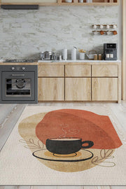 Homshtag Soyut Bir Yudum Minimal Mutfak Halısı Kahve Figürlü Salon Halısı Bej Turuncu Soft Halı
