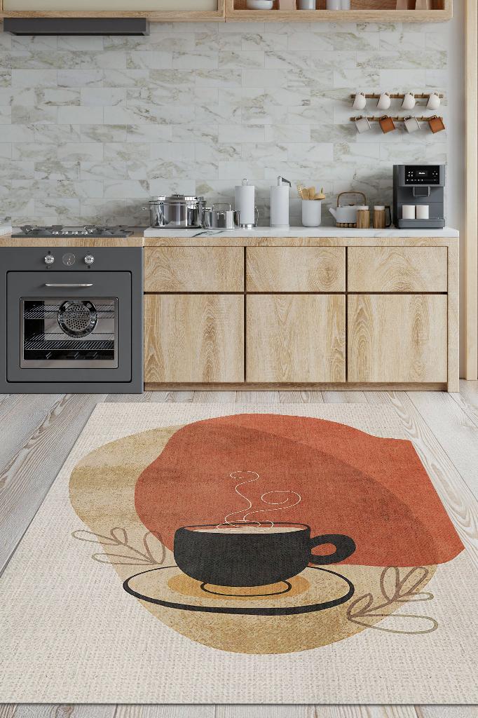 Homshtag Soyut Bir Yudum Minimal Mutfak Halısı Kahve Figürlü Salon Halısı Bej Turuncu Soft Halı
