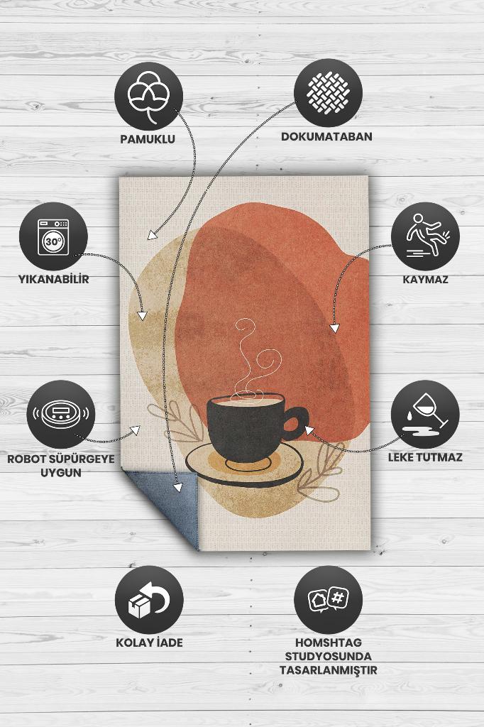 Homshtag Soyut Bir Yudum Minimal Mutfak Halısı Kahve Figürlü Salon Halısı Bej Turuncu Soft Halı