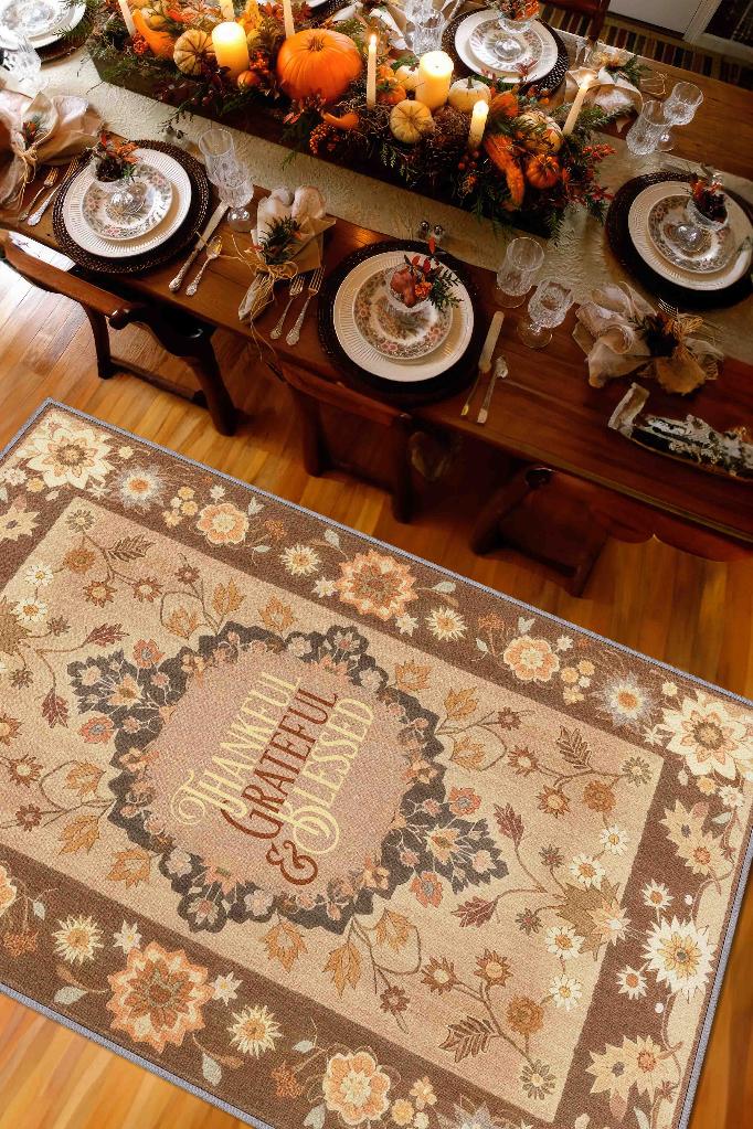 Homshtag Şükran ve Minnet Etnik Temalı Dijital Baskılı Halı Çiçek Desenli Çok Renkli Salon Halısı