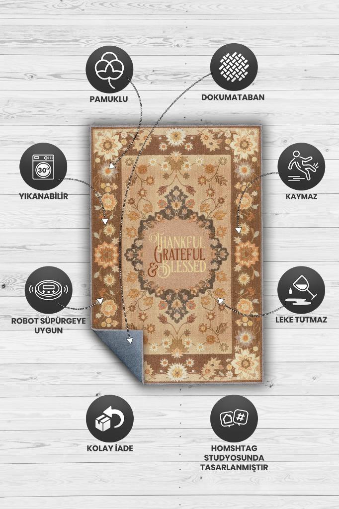 Homshtag Şükran ve Minnet Etnik Temalı Dijital Baskılı Halı Çiçek Desenli Çok Renkli Salon Halısı