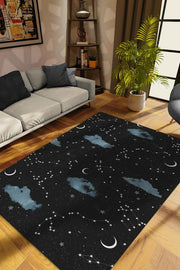 Homshtag Takım Yıldızı Siyah Koyu Renkli Salon Halısı Bulut ve Gökyüzü Temalı Genç Odası Halısı