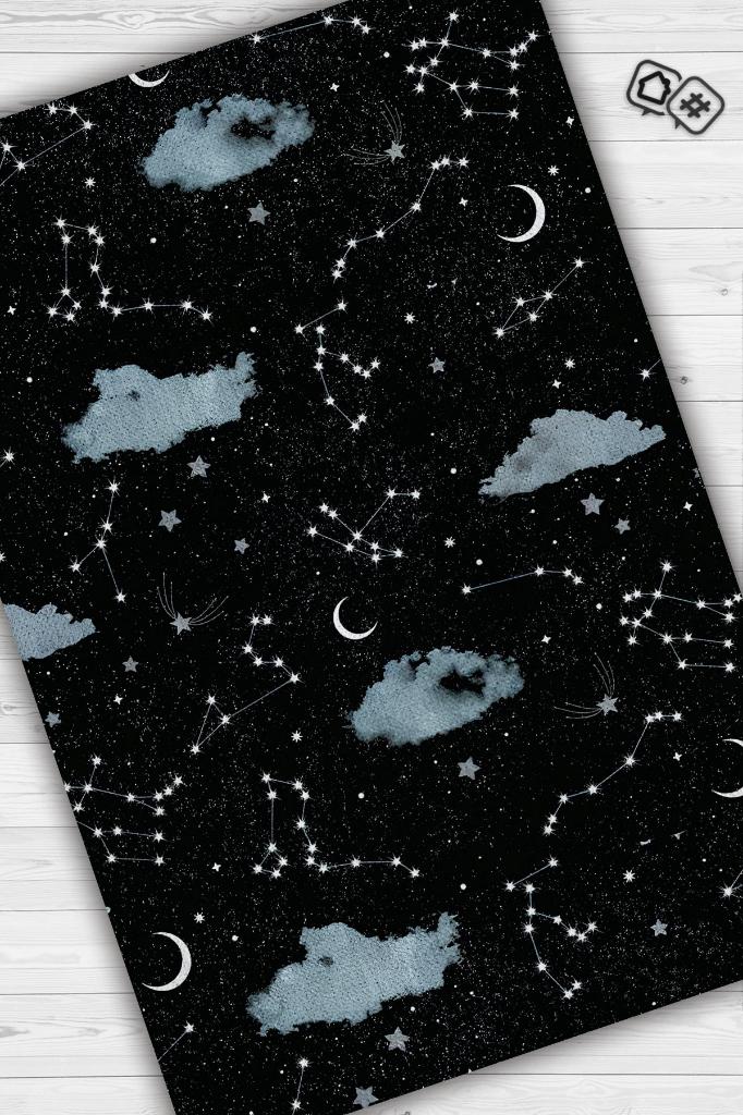 Homshtag Takım Yıldızı Siyah Koyu Renkli Salon Halısı Bulut ve Gökyüzü Temalı Genç Odası Halısı