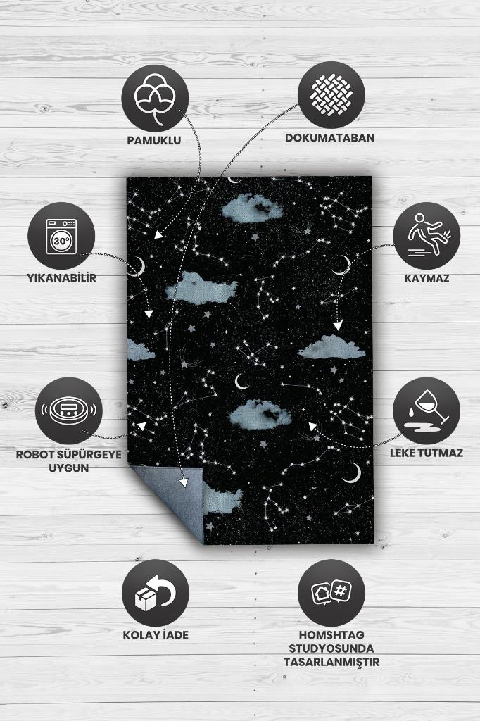 Homshtag Takım Yıldızı Siyah Koyu Renkli Salon Halısı Bulut ve Gökyüzü Temalı Genç Odası Halısı