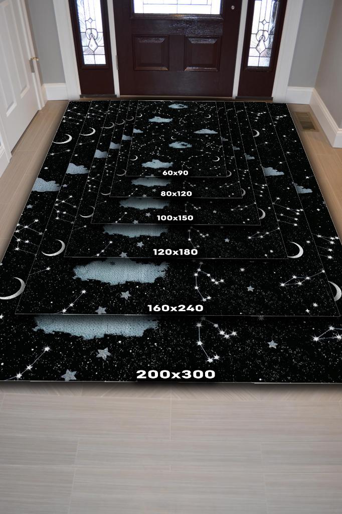Homshtag Takım Yıldızı Siyah Koyu Renkli Salon Halısı Bulut ve Gökyüzü Temalı Genç Odası Halısı