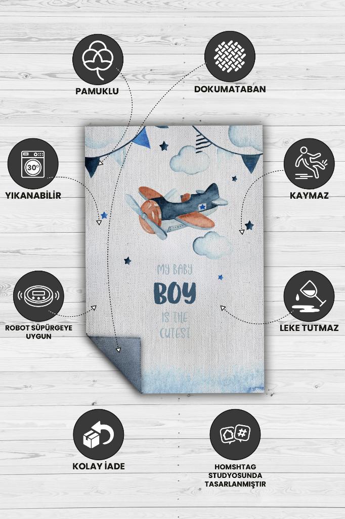 Homshtag Tatlı Oğlum Beyaz Mavi Renk Çocuk Odası Halısı Dokuma Minimal Çocuk Halı Bebek Temalı Halı