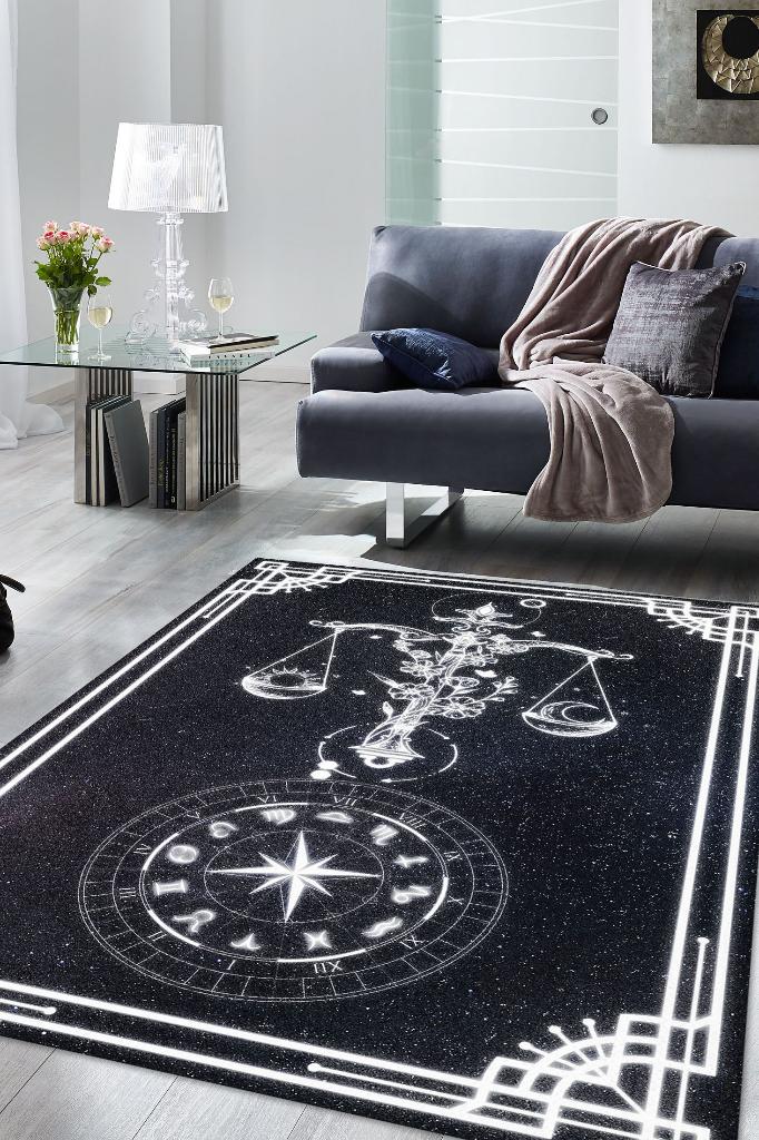 Homshtag Terazi Burcu Astroloji Temalı Halı Burç Halısı Terazi BurcuHediyelik Halı Siyah Renk Halı