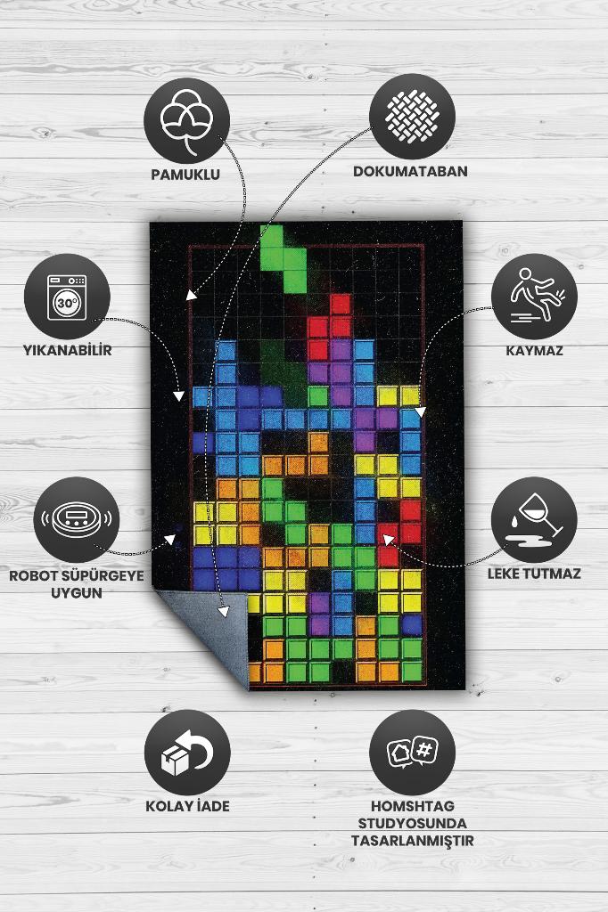 Homshtag Tetris Çok Renkli Oyuncu Halısı Zemini Beyaz Renk Gamer Temalı Halı Oyuncuya Hediye