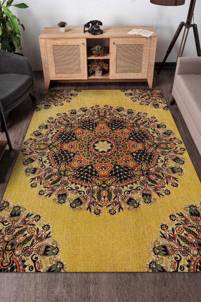 Homshtag Tezhip Minimal Salon Halısı Etnik Desenli Halı Sarı Renkli Oturma Odası Halısı Çiçekli Halı