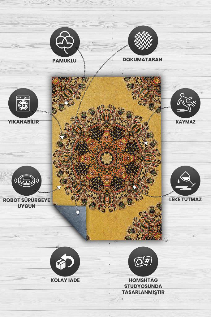 Homshtag Tezhip Minimal Salon Halısı Etnik Desenli Halı Sarı Renkli Oturma Odası Halısı Çiçekli Halı