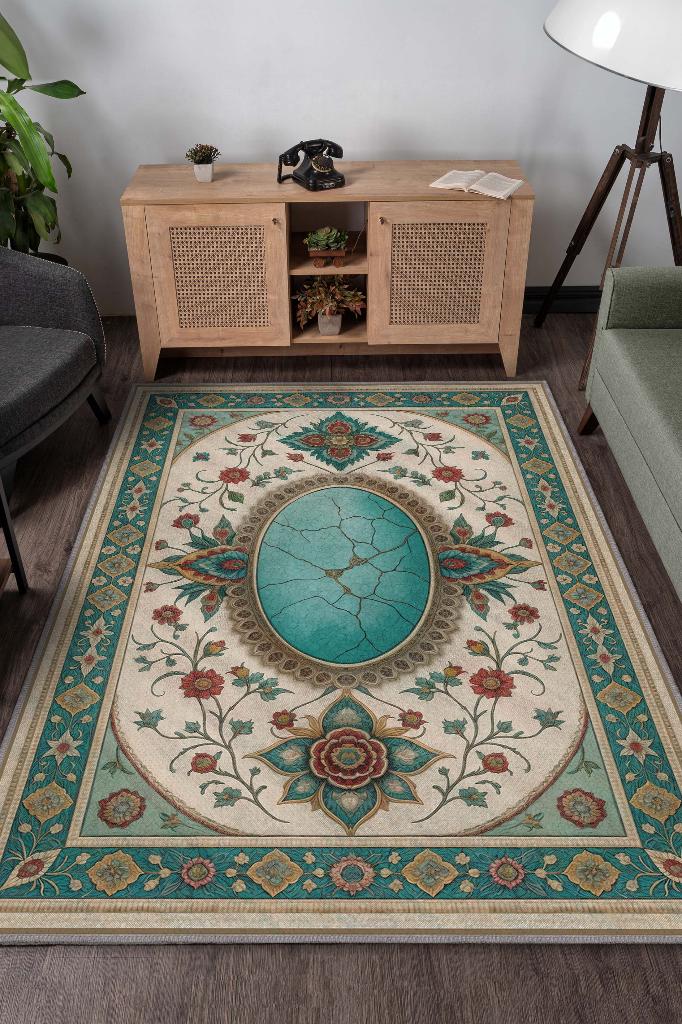 Homshtag Turkuaz Taşı Halısı Yeşil Turkuaz Renkli Aura Taşı Enerji Spiritüel Temalı Modern Halı