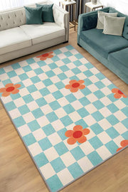 Homshtag Umut Geometrik Halı Çiçek Desenli Salon Halısı Mavi Renkli Oturma Odası Halısı Kareli Halı