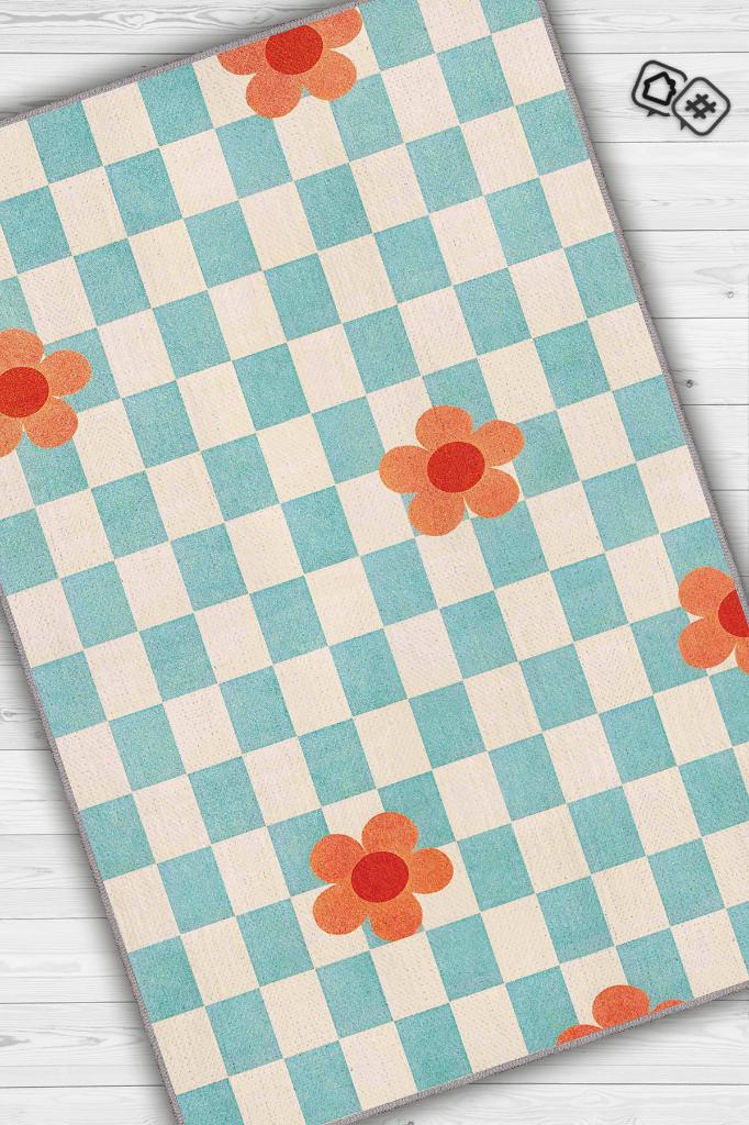 Homshtag Umut Geometrik Halı Çiçek Desenli Salon Halısı Mavi Renkli Oturma Odası Halısı Kareli Halı