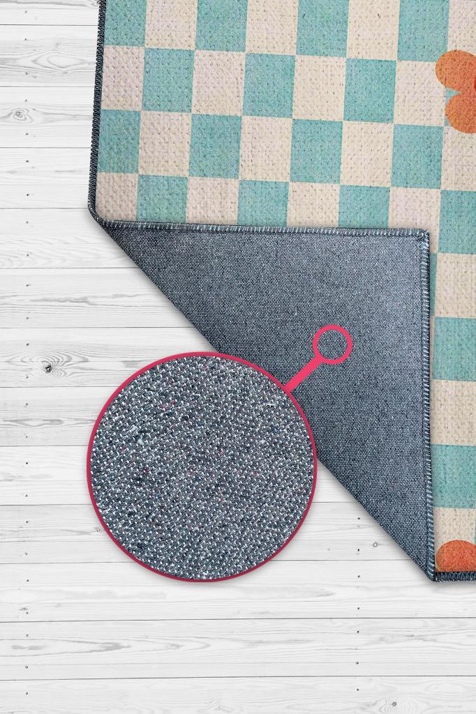 Homshtag Umut Geometrik Halı Çiçek Desenli Salon Halısı Mavi Renkli Oturma Odası Halısı Kareli Halı