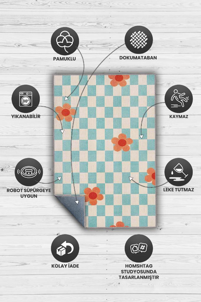 Homshtag Umut Geometrik Halı Çiçek Desenli Salon Halısı Mavi Renkli Oturma Odası Halısı Kareli Halı