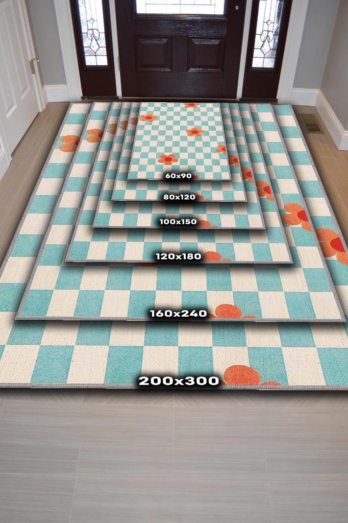 Homshtag Umut Geometrik Halı Çiçek Desenli Salon Halısı Mavi Renkli Oturma Odası Halısı Kareli Halı