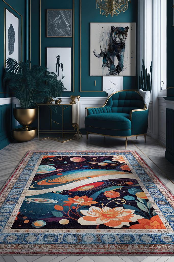 Homshtag Uzay Temalı Çok Renkli Salon Halısı Hippie Ev Dekoru İndie Oda Dekoru Oturma Odası Halısı