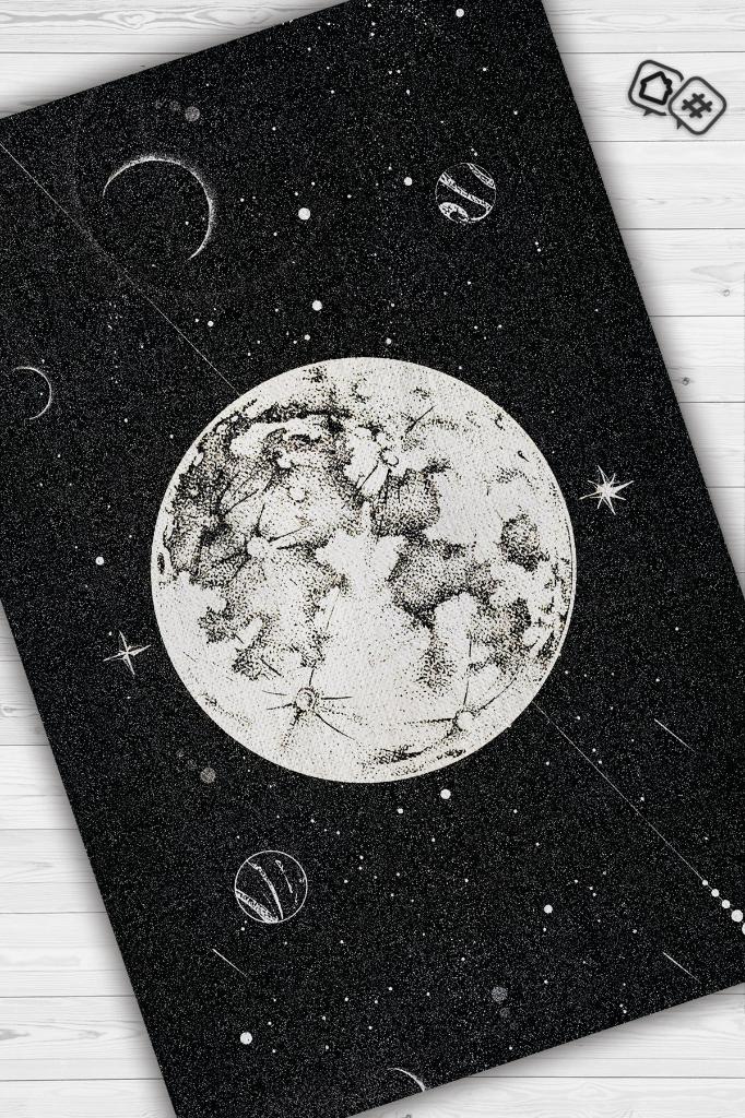 Homshtag Uzayda Ay Siyah Renkli Salon Halısı Gökyüzü Temalı Genç Odası Halısı Koyu Renkli Halı
