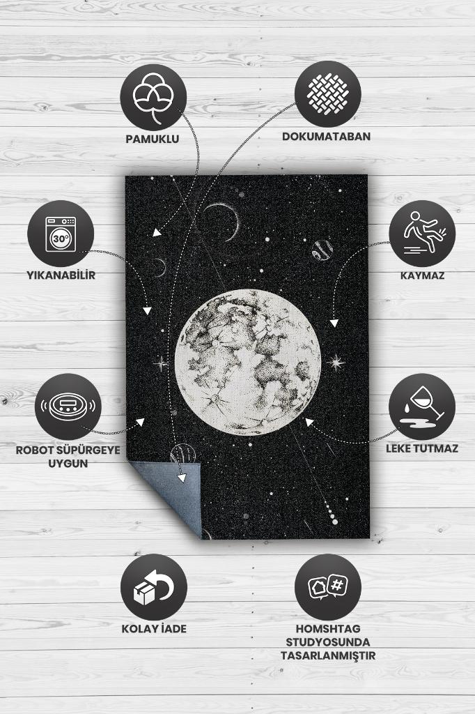 Homshtag Uzayda Ay Siyah Renkli Salon Halısı Gökyüzü Temalı Genç Odası Halısı Koyu Renkli Halı