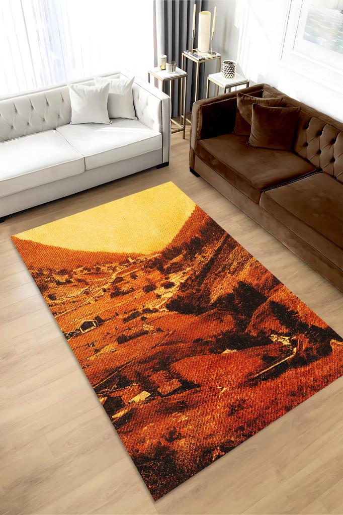 Homshtag Vadi Turuncu Renkli Halı Manzara Temalı Figürlü Salon Halısı Dijital Baskılı Tasarım Halı