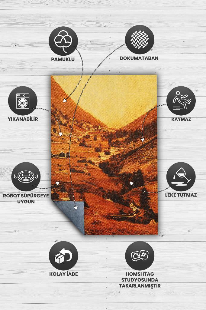 Homshtag Vadi Turuncu Renkli Halı Manzara Temalı Figürlü Salon Halısı Dijital Baskılı Tasarım Halı