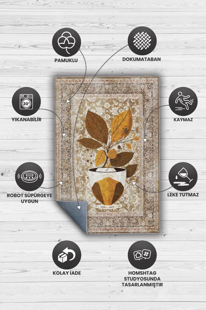 Homshtag Vintage Kahve,Pastel Renkli Vintage Oturma Odası,Pamuklu Dokuma Tabanlı Yıkanabilir Kahvesever Halısı