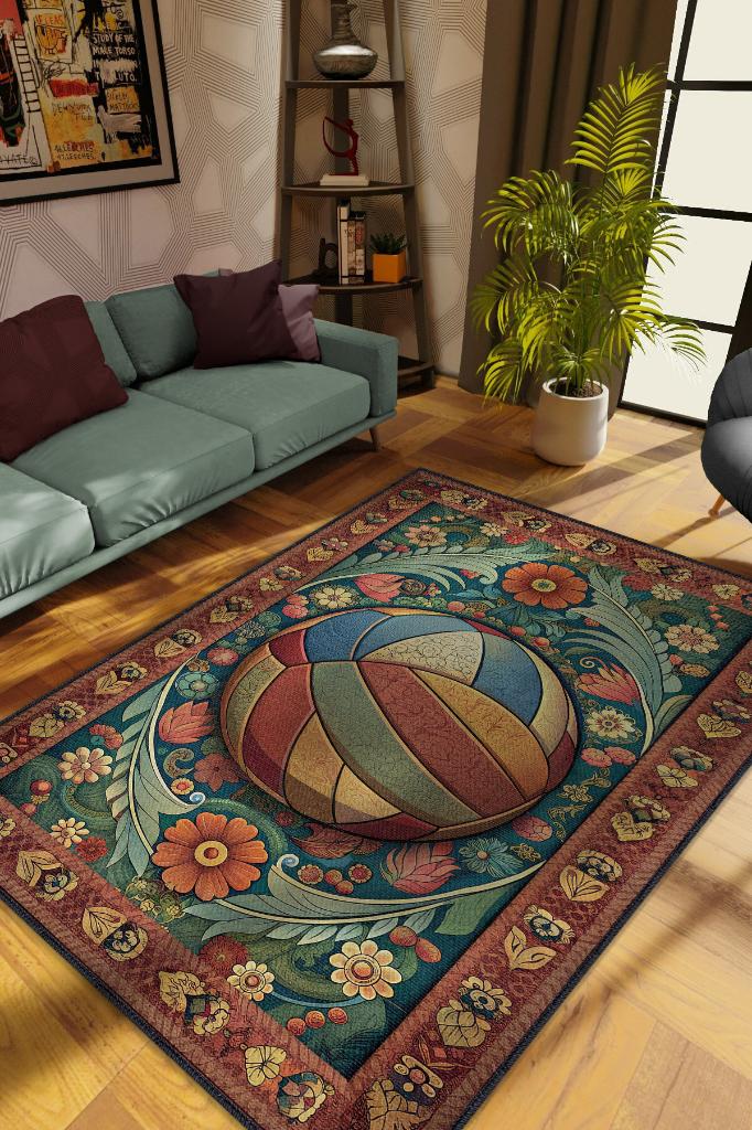 Homshtag Voleybol Desenli Halı Çok Renkli Halı Spor Severe Hediye Halı Spor Sever İçin Çiçekli Halı