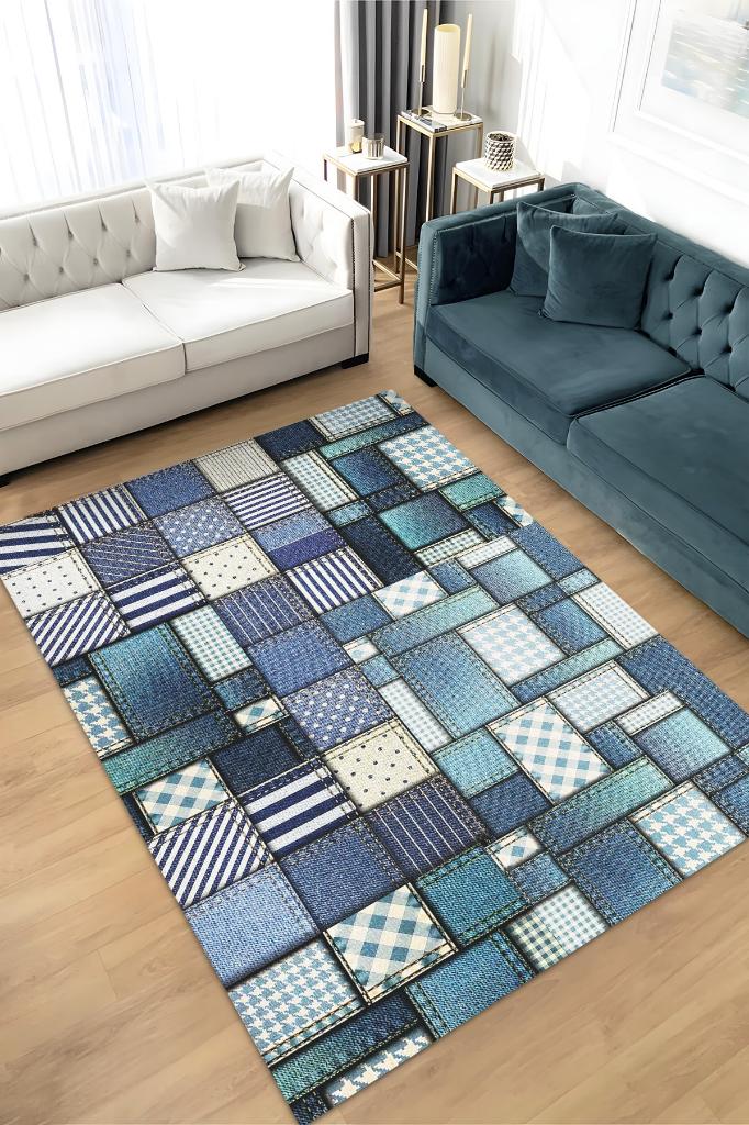 Homshtag Yamalı Moda Patchwork Geometrik Halı Mavi Kareli Oturma Odası Halısı Renkli Salon Halısı