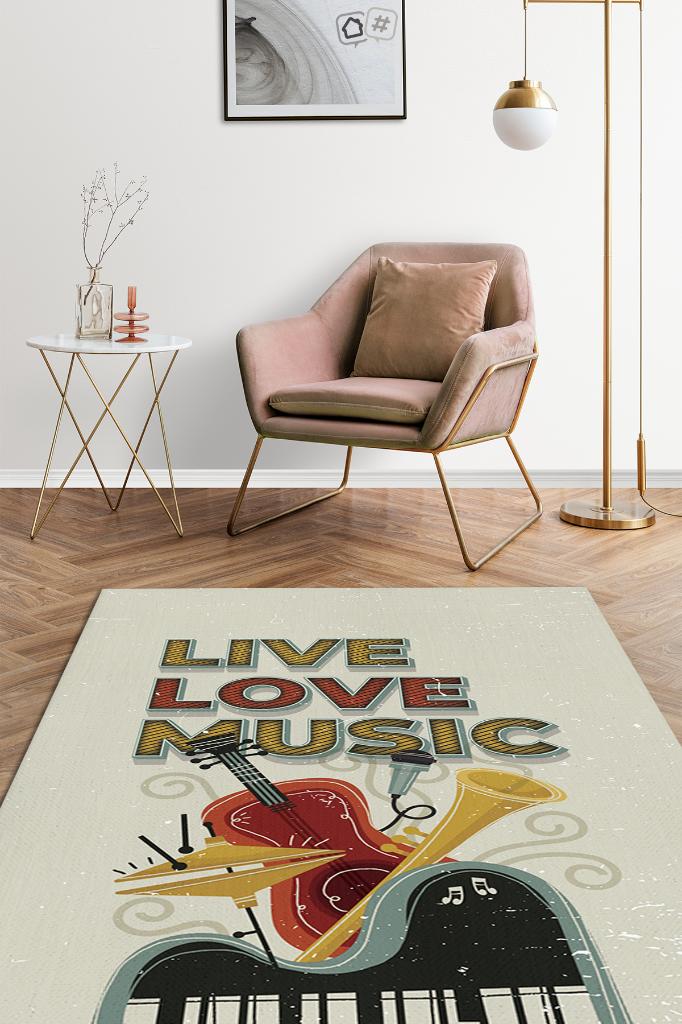 Homshtag Yaşa Sev Müzik Yap Art Müzik Halısı Açık Renkli Müzik Halısı Ritim Figürlü Bej Modern Halı