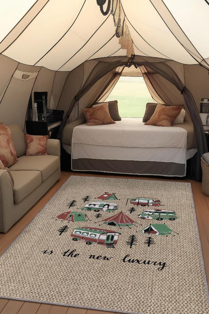 Homshtag Yeni Lüks,Kamp Hayatı Desenli Bej Halı, Çadır Halısı, Kampçı Halısı,Pamuklu Dokuma Tabanlı Yıkanabilir Halı