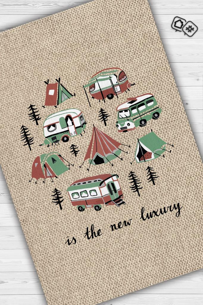 Homshtag Yeni Lüks,Kamp Hayatı Desenli Bej Halı, Çadır Halısı, Kampçı Halısı,Pamuklu Dokuma Tabanlı Yıkanabilir Halı
